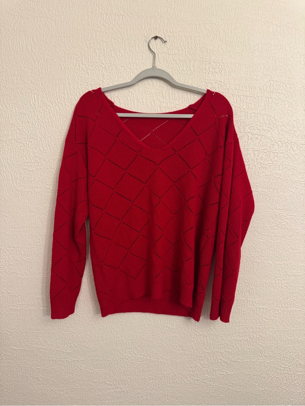 SHEIN Red V-Neck Diamond Knit Sweater